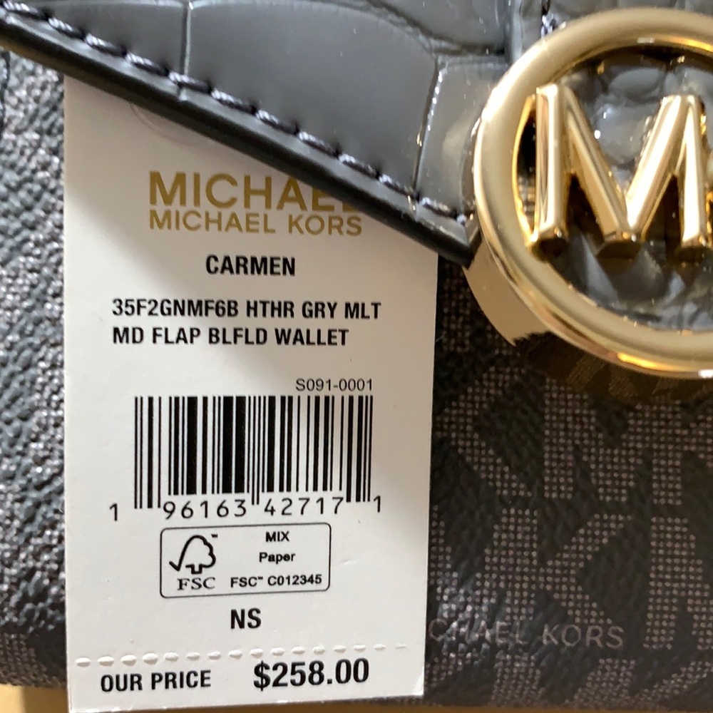 MICHAEL KORS CARMEN MEDIUM FLAP BIFOLD WALLET HEATHER GREY MULTI - Picture 14 of 14